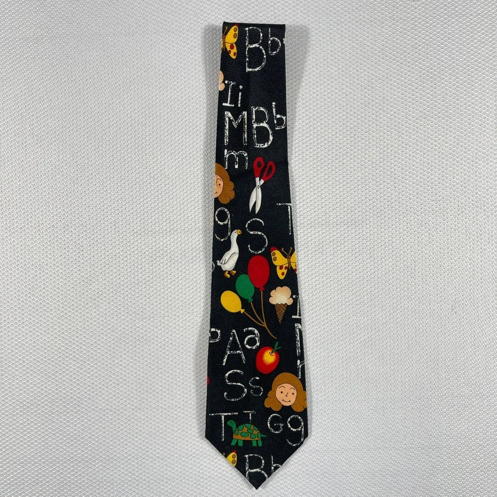 Fratello Silk Mens Alphabet Teacher Novelty Tie Black‎ School Print VTG